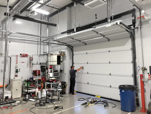 North Olmsted Garage Door Repair certified technician performing commercial door repair at a North Olmsted business facility