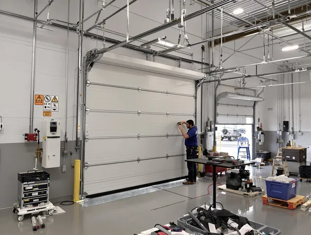 Commercial garage door repair being performed by North Olmsted Garage Door Repair expert in North Olmsted