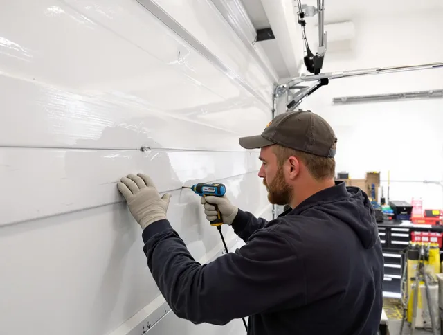 North Olmsted Garage Door Repair technician demonstrating precision dent removal techniques on a North Olmsted garage door