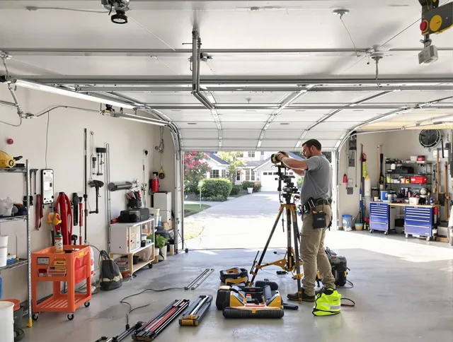 North Olmsted Garage Door Repair specialist performing laser-guided track alignment in North Olmsted